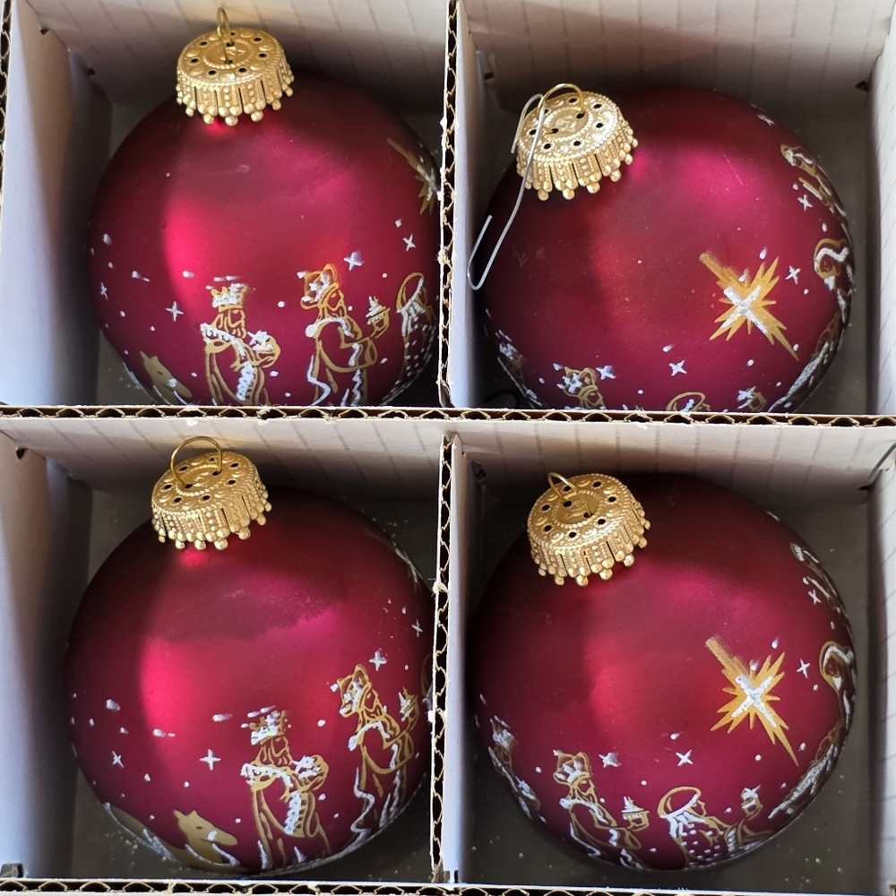 Christmas Ornaments - Elegant Red and Gold Nativity Scene Set Of 4